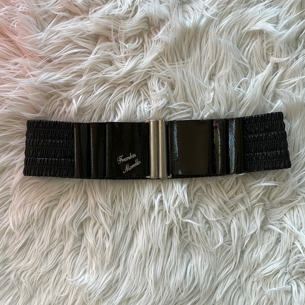 Frankie Morello Black Patent Leather Thick Stretch Belt with Bow Size Small